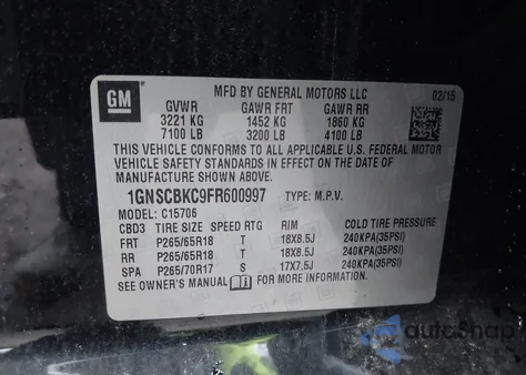 2015 Chevrolet Tahoe Lt from USA, damaged, VIN 1GNSCBKC9FR600997